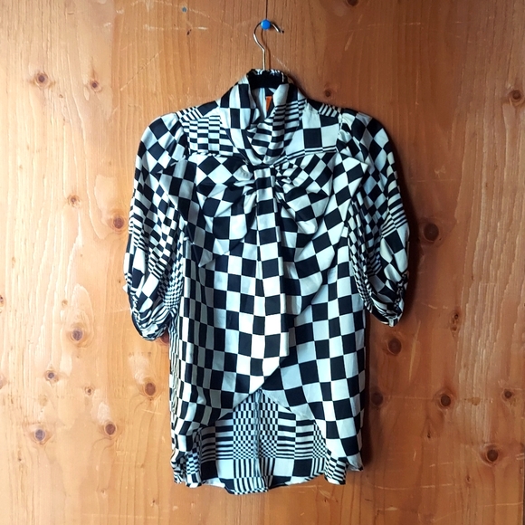 Voom By Joy Han Black & White Checker Patterned W/ Bow Detail Silk Blouse - Picture 1 of 13